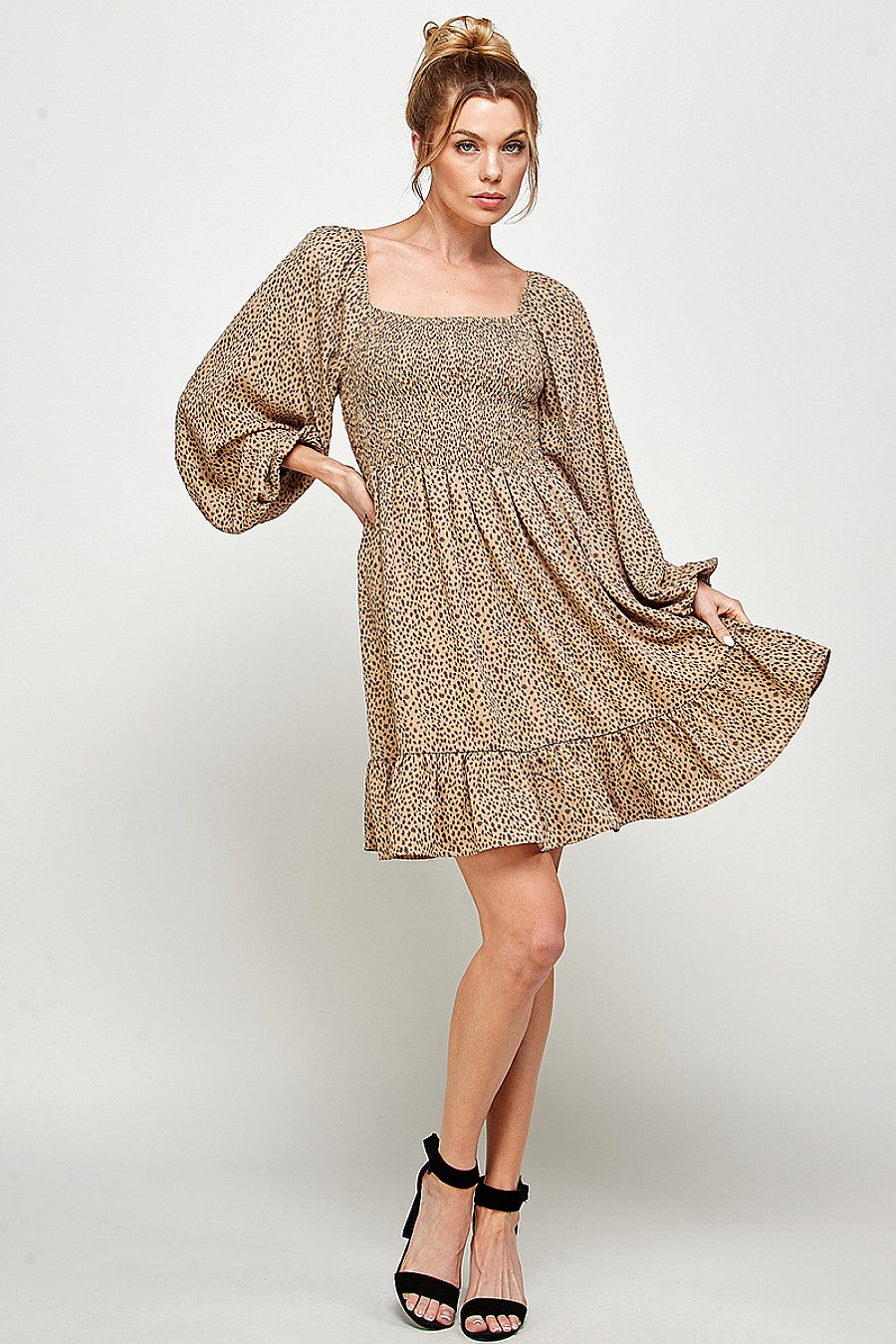 Long Sleeve Cheetah Print Smocked Short Dress