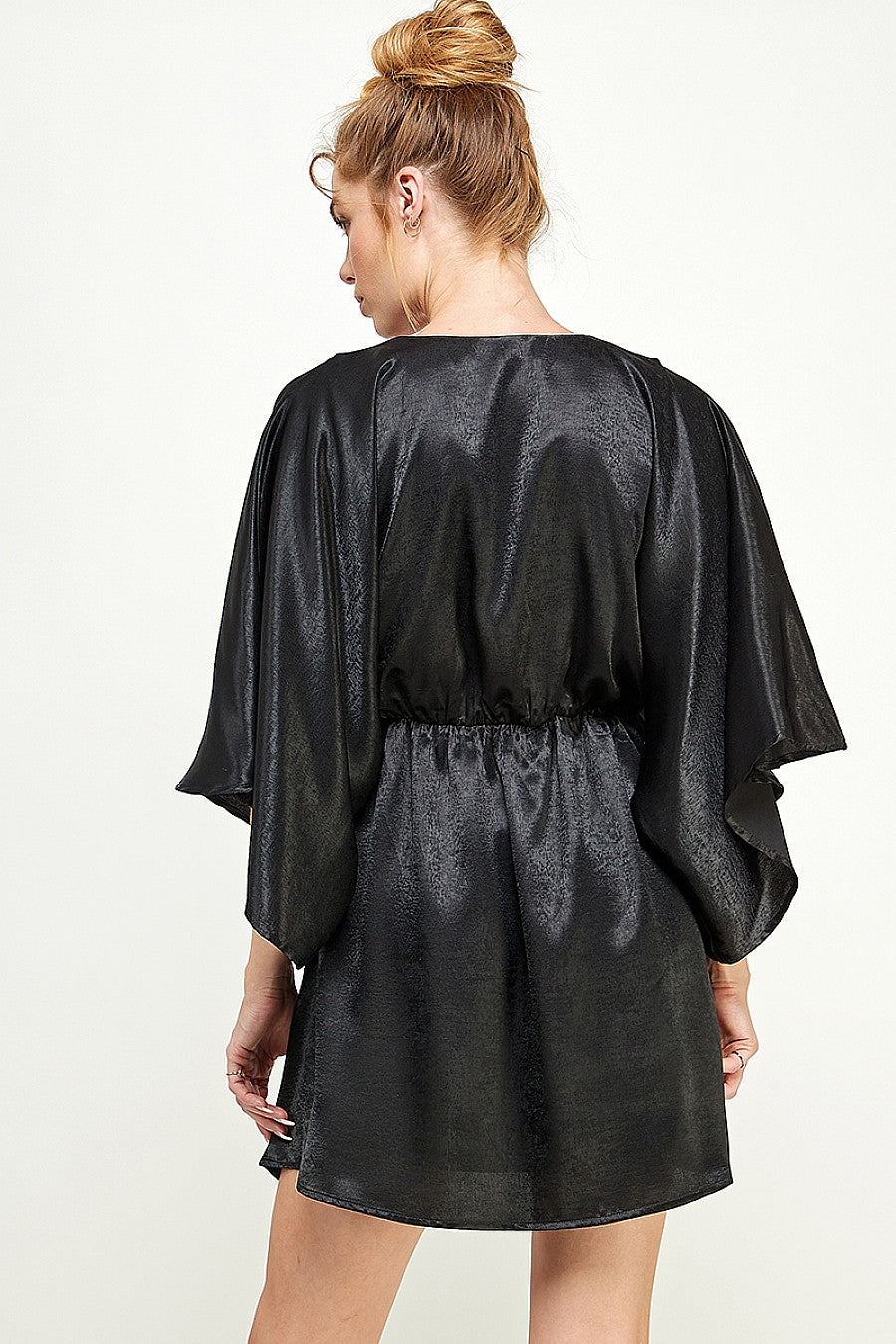 Black Short V Neck Pleated Satin Dress for $49.99 – The Dress Outlet