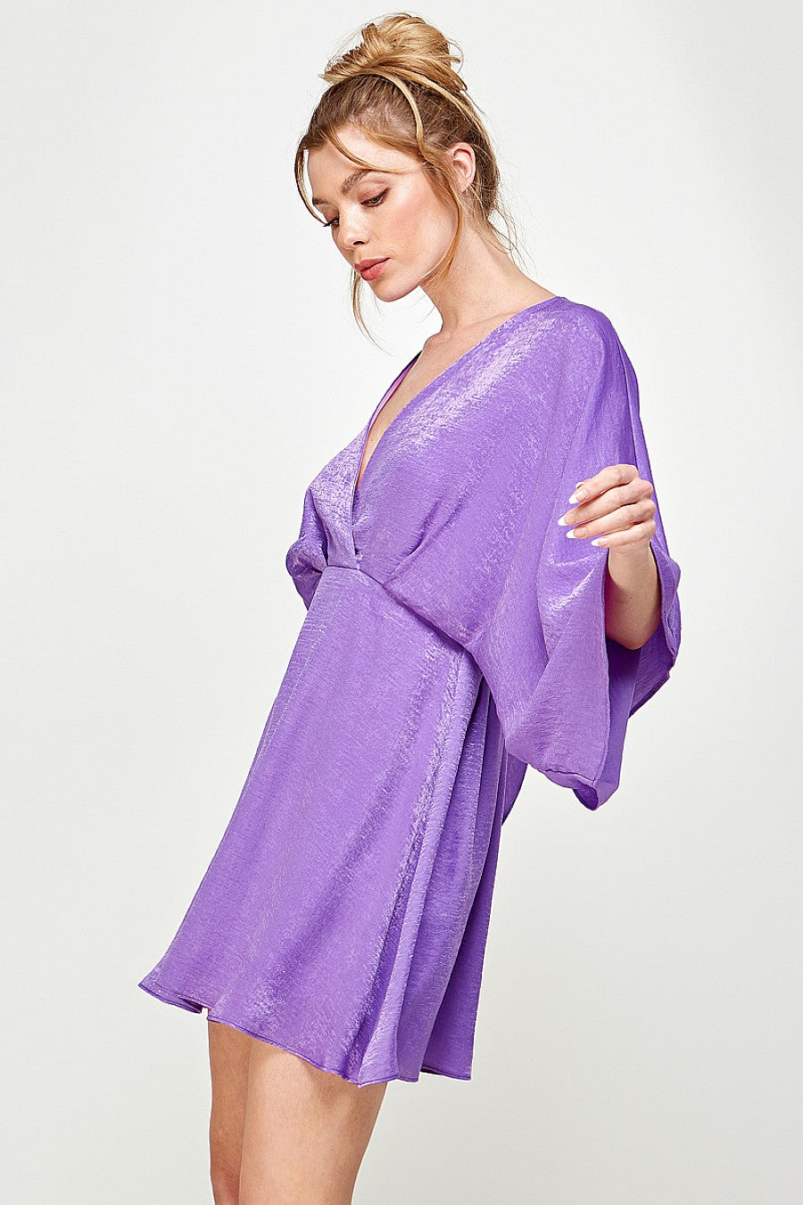 Short V Neck Pleated Satin Dress