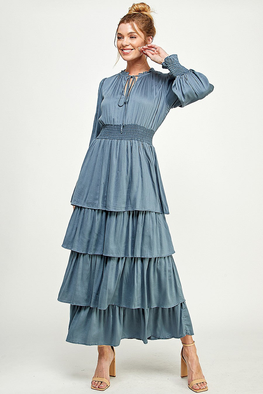 Leafing it All Behind Long Sleeve Tiered Dress