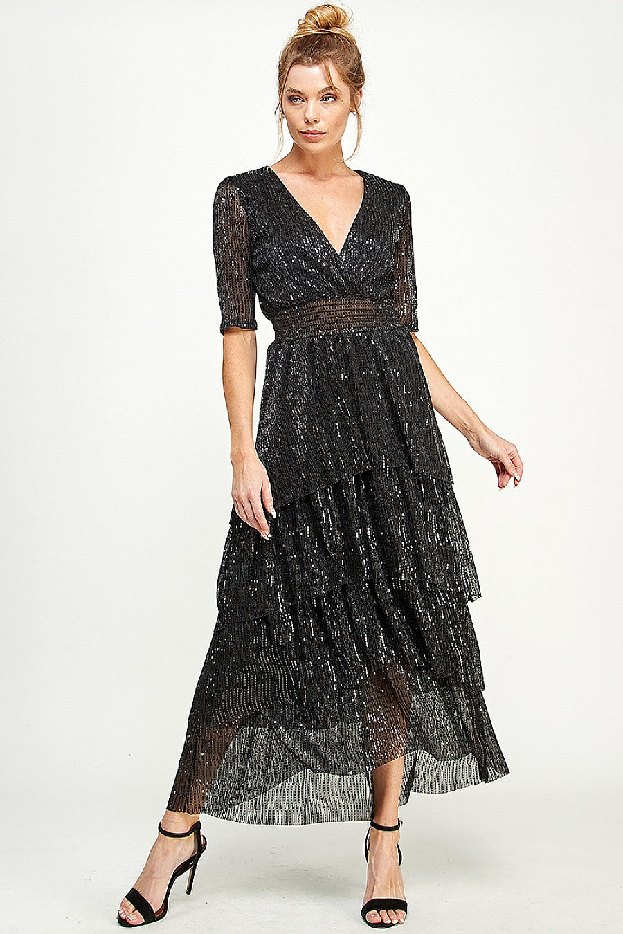 High Low V Neck Tiered Dress