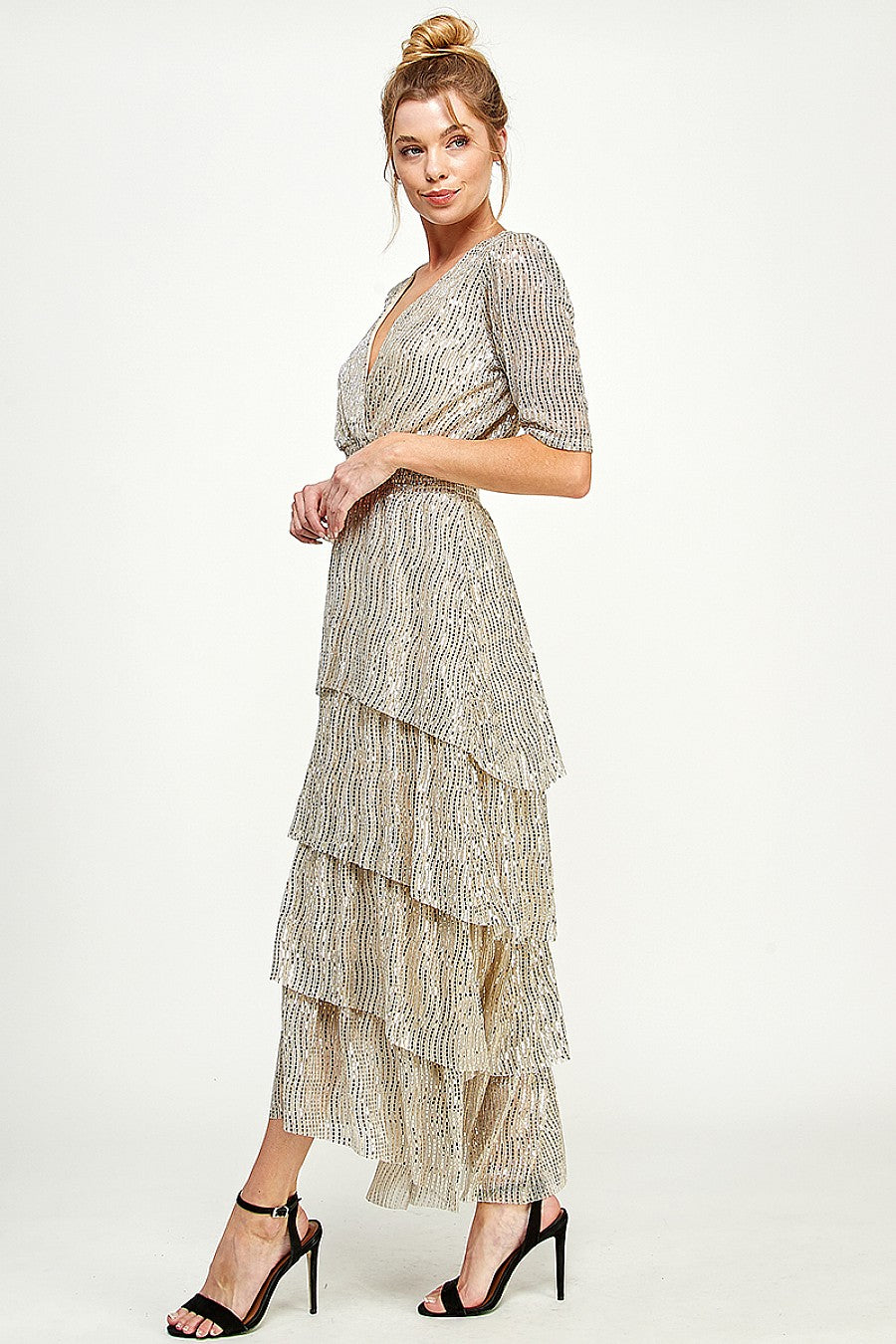 High Low V Neck Tiered Dress