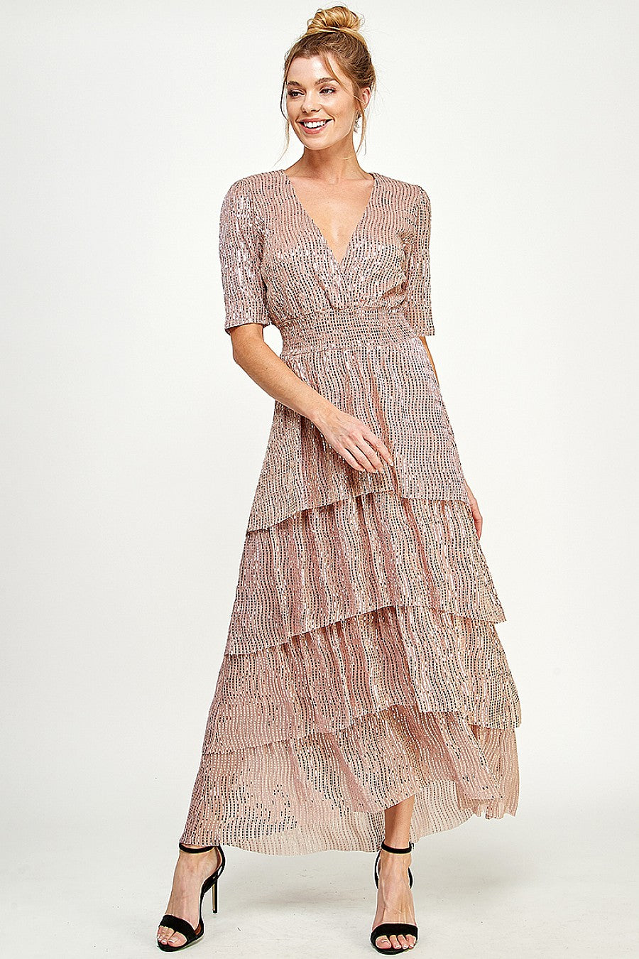 High Low V Neck Tiered Dress