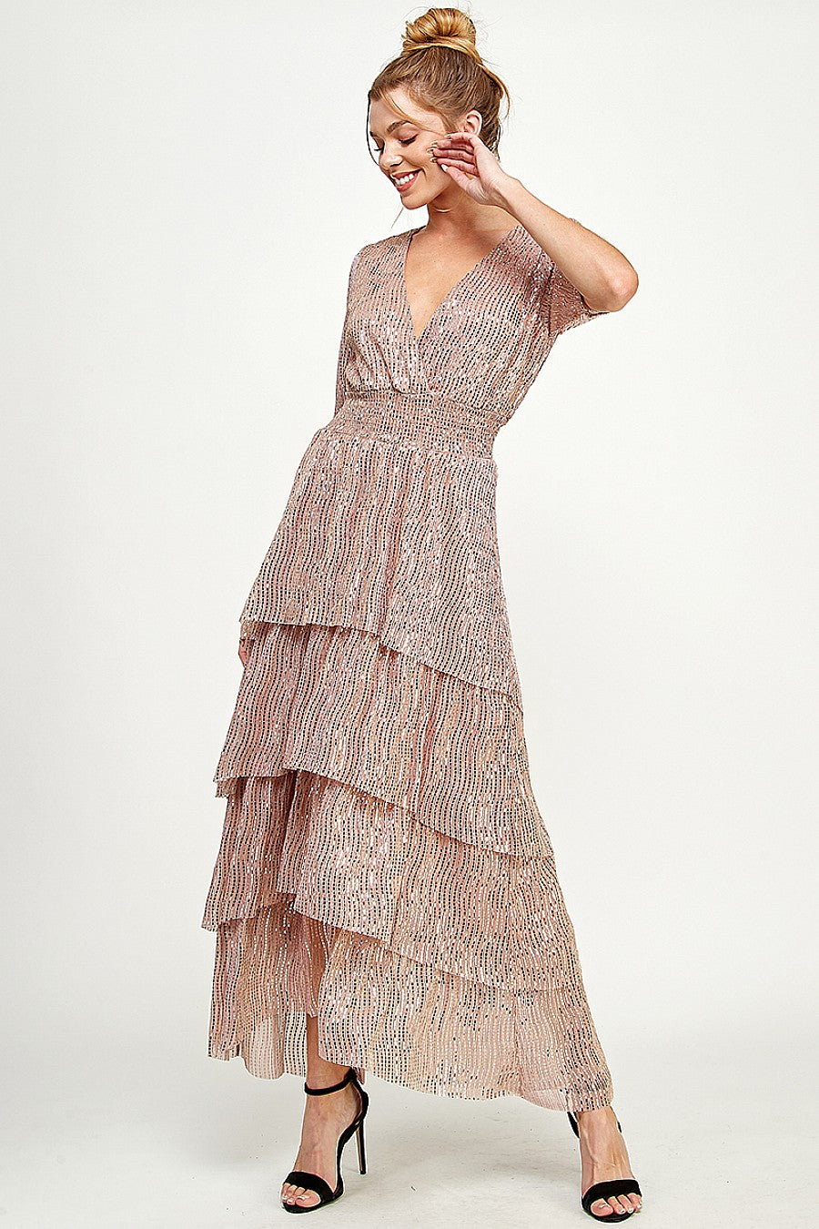 High Low V Neck Tiered Dress
