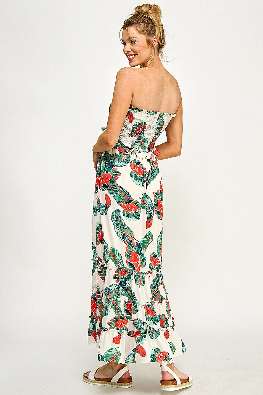 Long Strapless Floral Tiered Maxi Dress