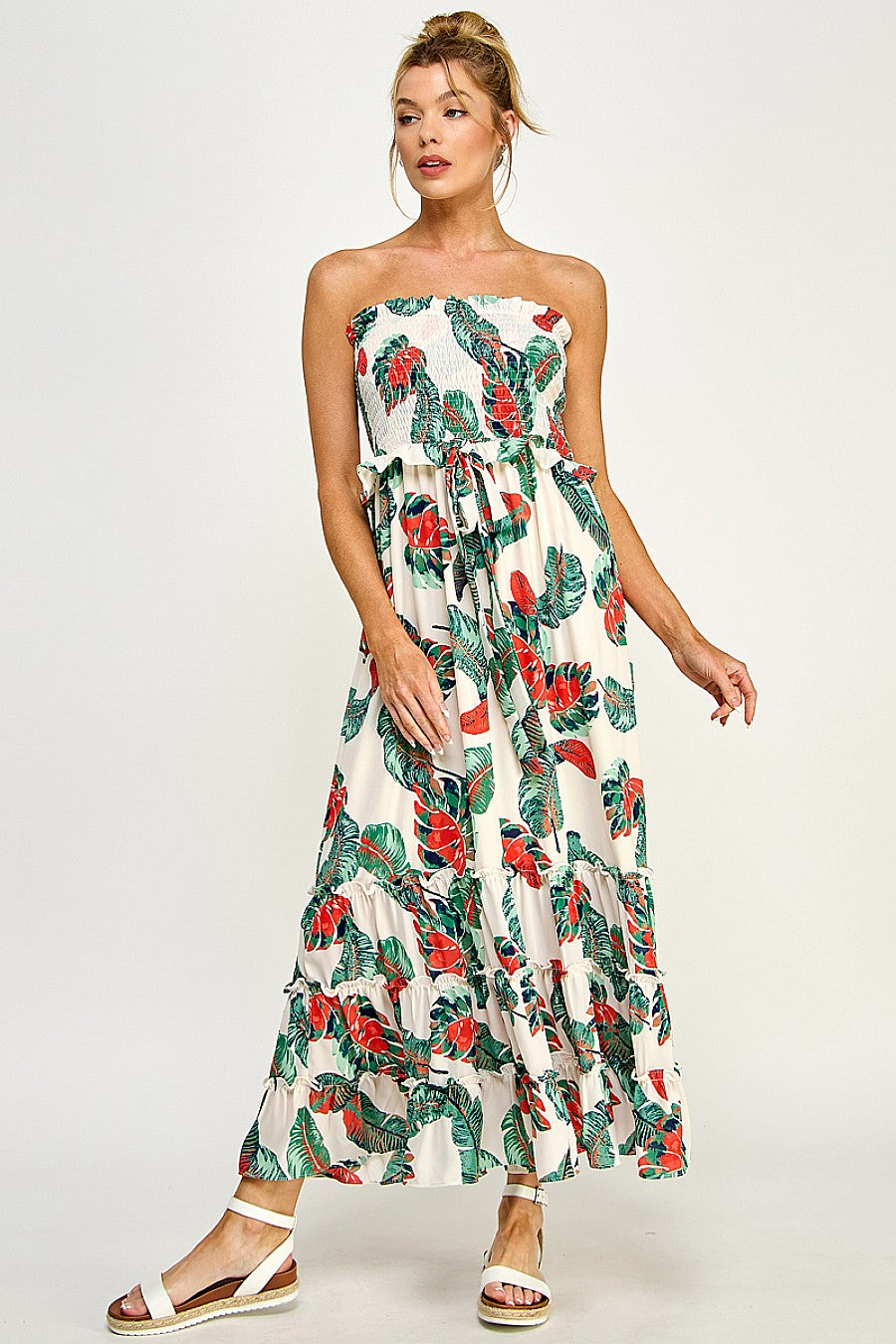 Long Strapless Floral Tiered Maxi Dress