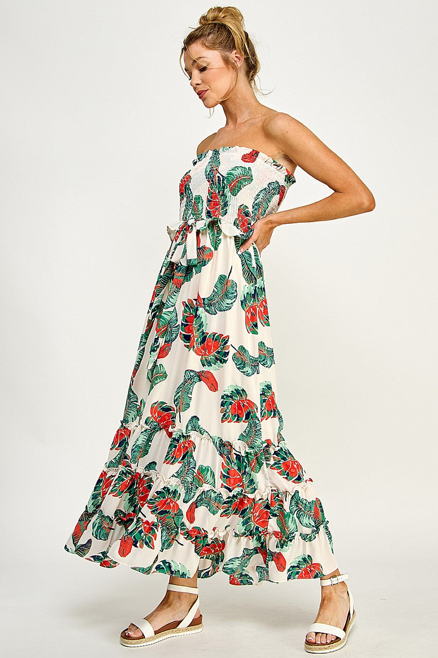 Long Strapless Floral Tiered Maxi Dress