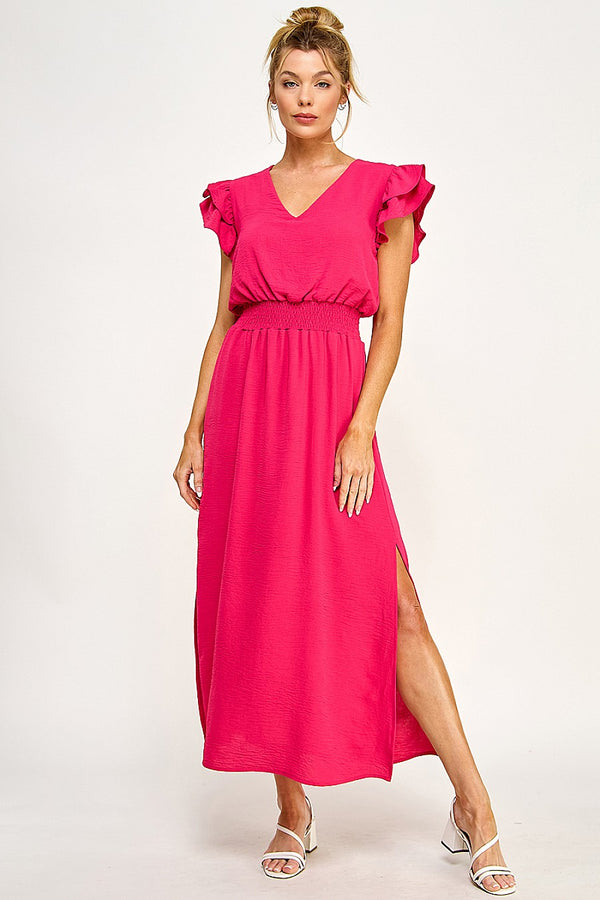 Formal Dresses Long V Neck Side Slit Maxi Dress Fuchsia