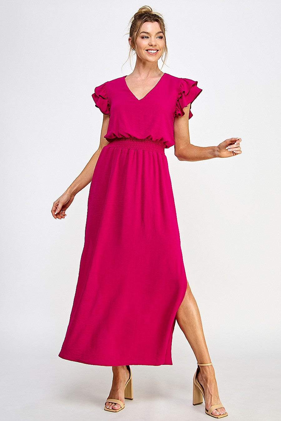 Long V Neck Side Slit Maxi Dress