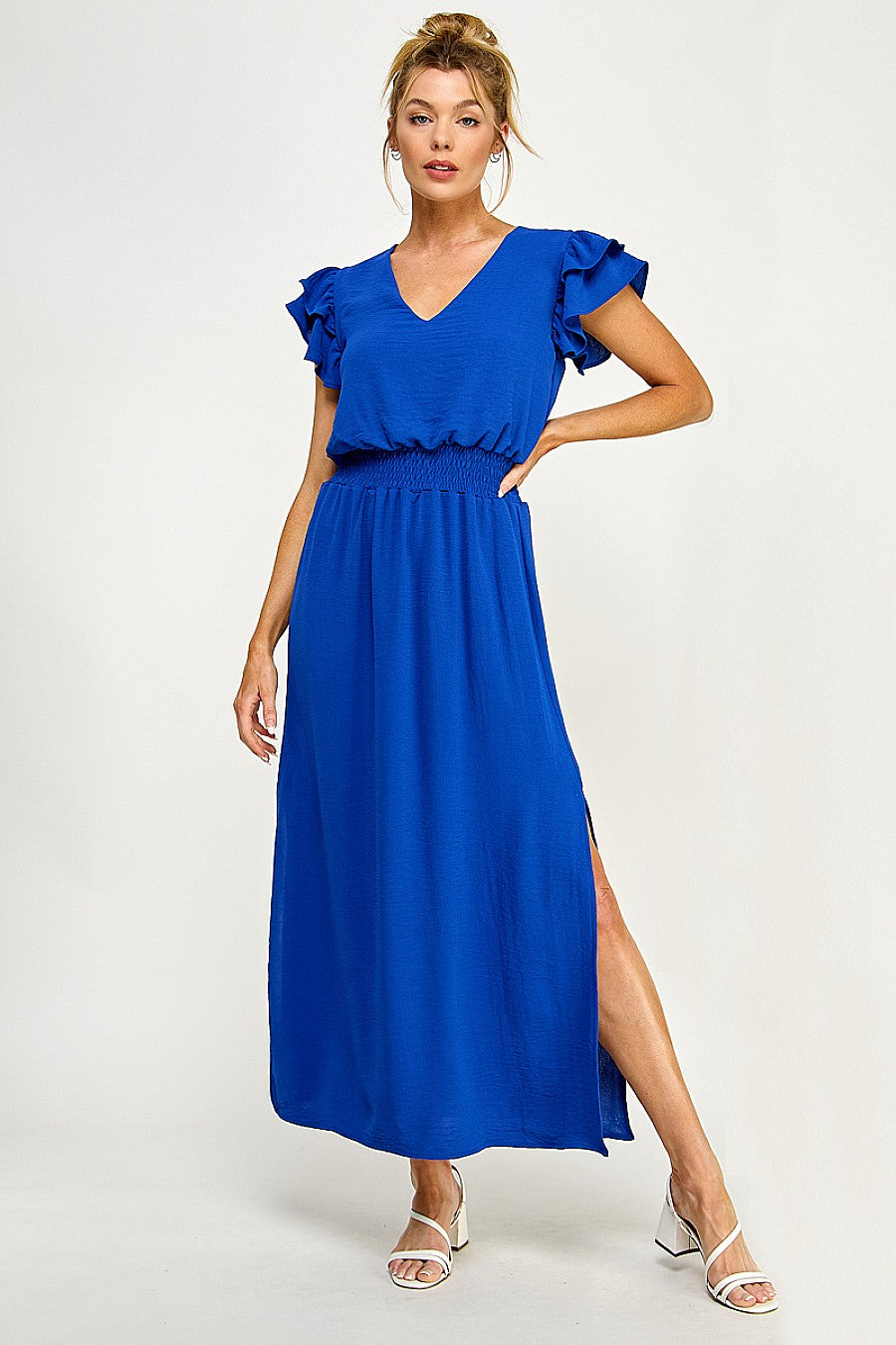 Long V Neck Side Slit Maxi Dress