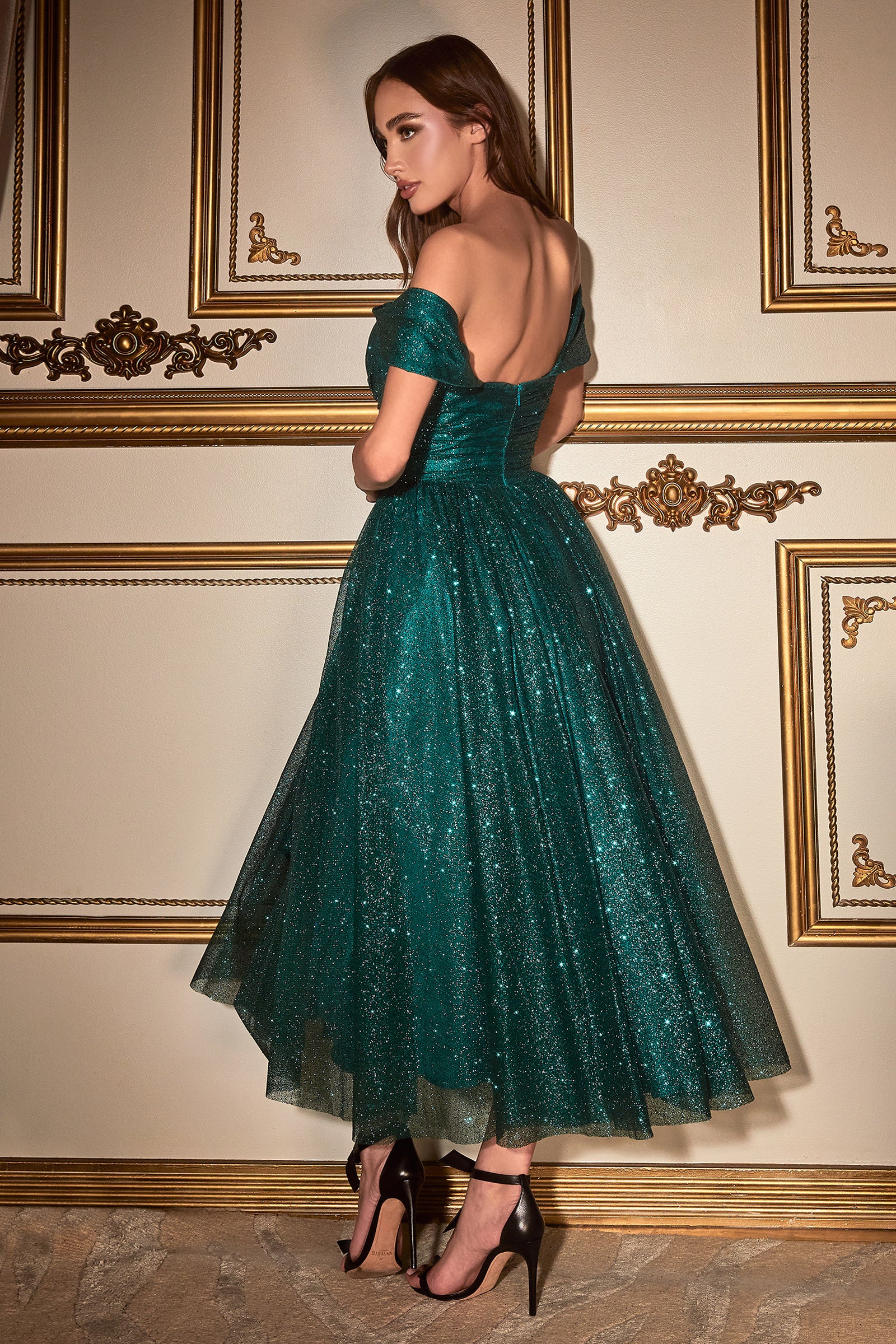 Cocktail Dresses Prom Off Shoulder Glitter Tea Length Dress Emerald