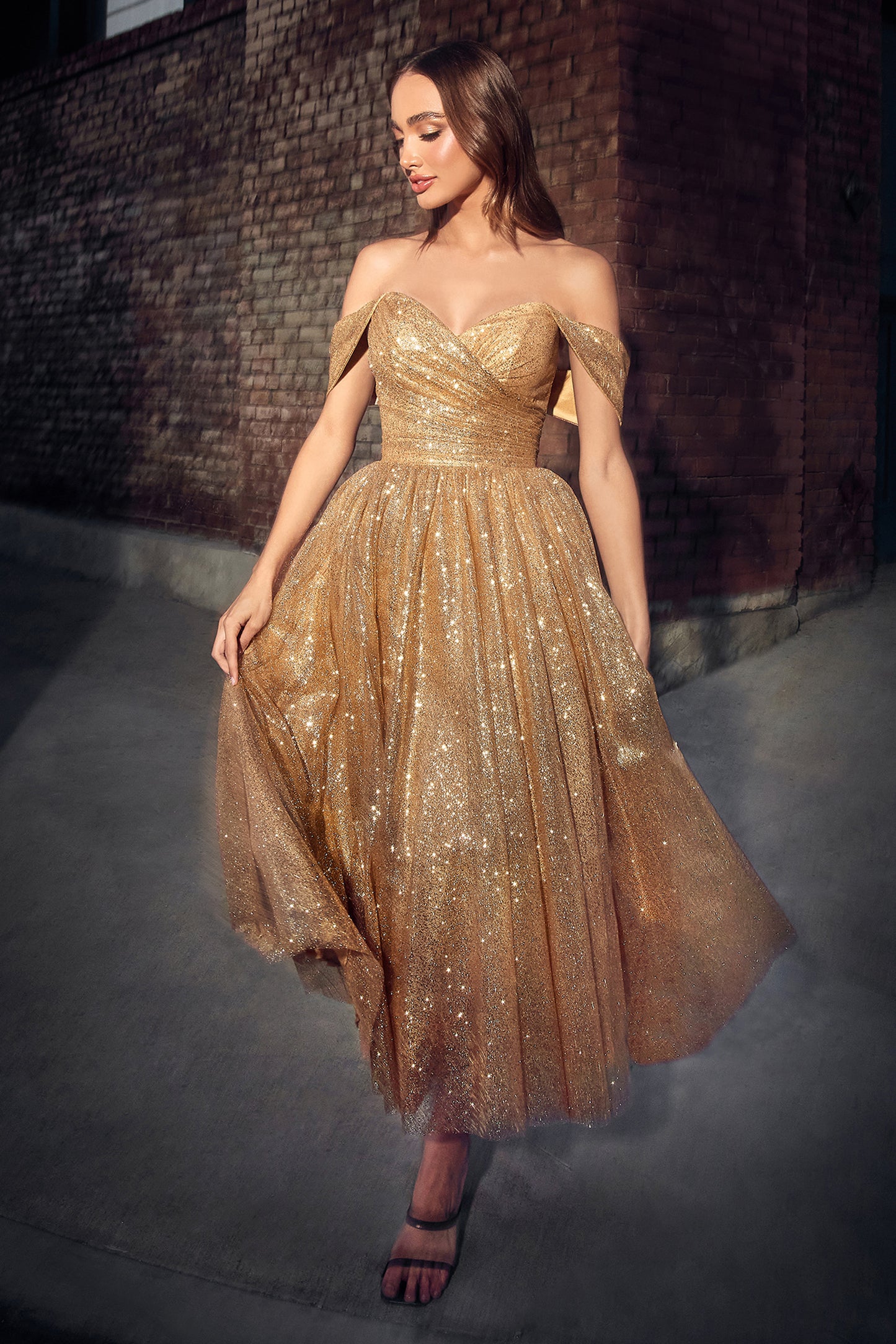 Cocktail Dresses Prom Off Shoulder Glitter Tea Length Dress Gold