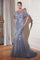 Formal Dresses Long Formal Beaded Mermaid Cape Dress Smoky Blue