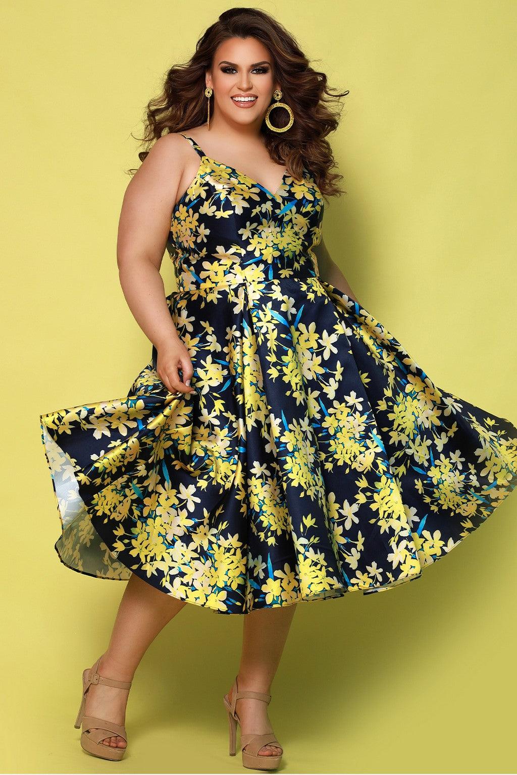 Plus Size Dresses Plus Size Floral Tea Length Dress Yellow Blossom