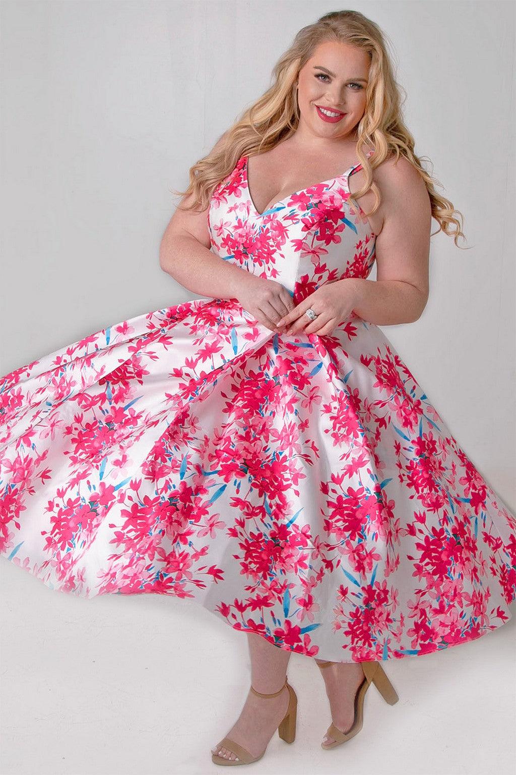 Plus Size Dresses Plus Size Floral Tea Length Dress Pink Blossom