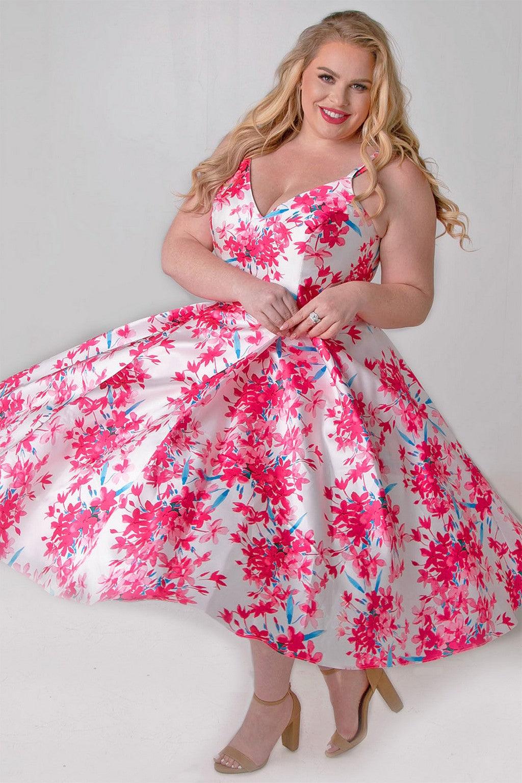 Sydneys Closet CE2209 Plus Size Floral Tea Length Dress