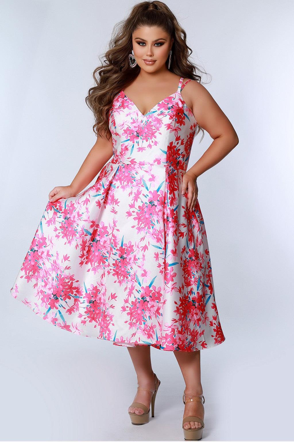 Plus Size Dresses Plus Size Floral Tea Length Dress Pink Blossom