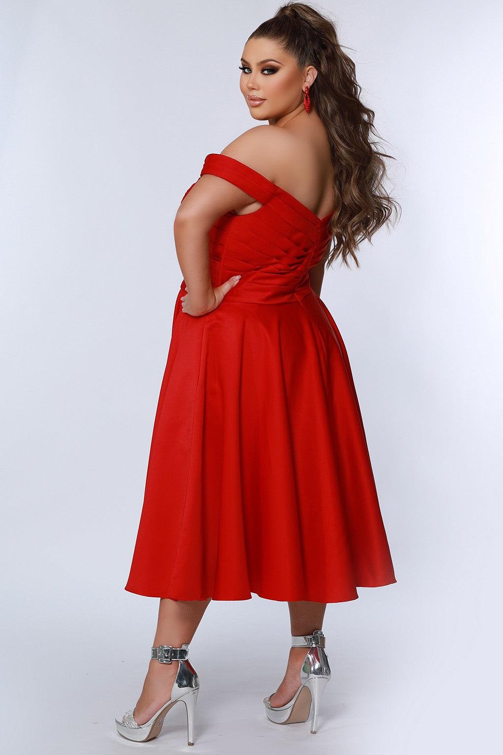 Sydneys Closet CE2301 Plus Size Off Shoulder Tea Length Dress