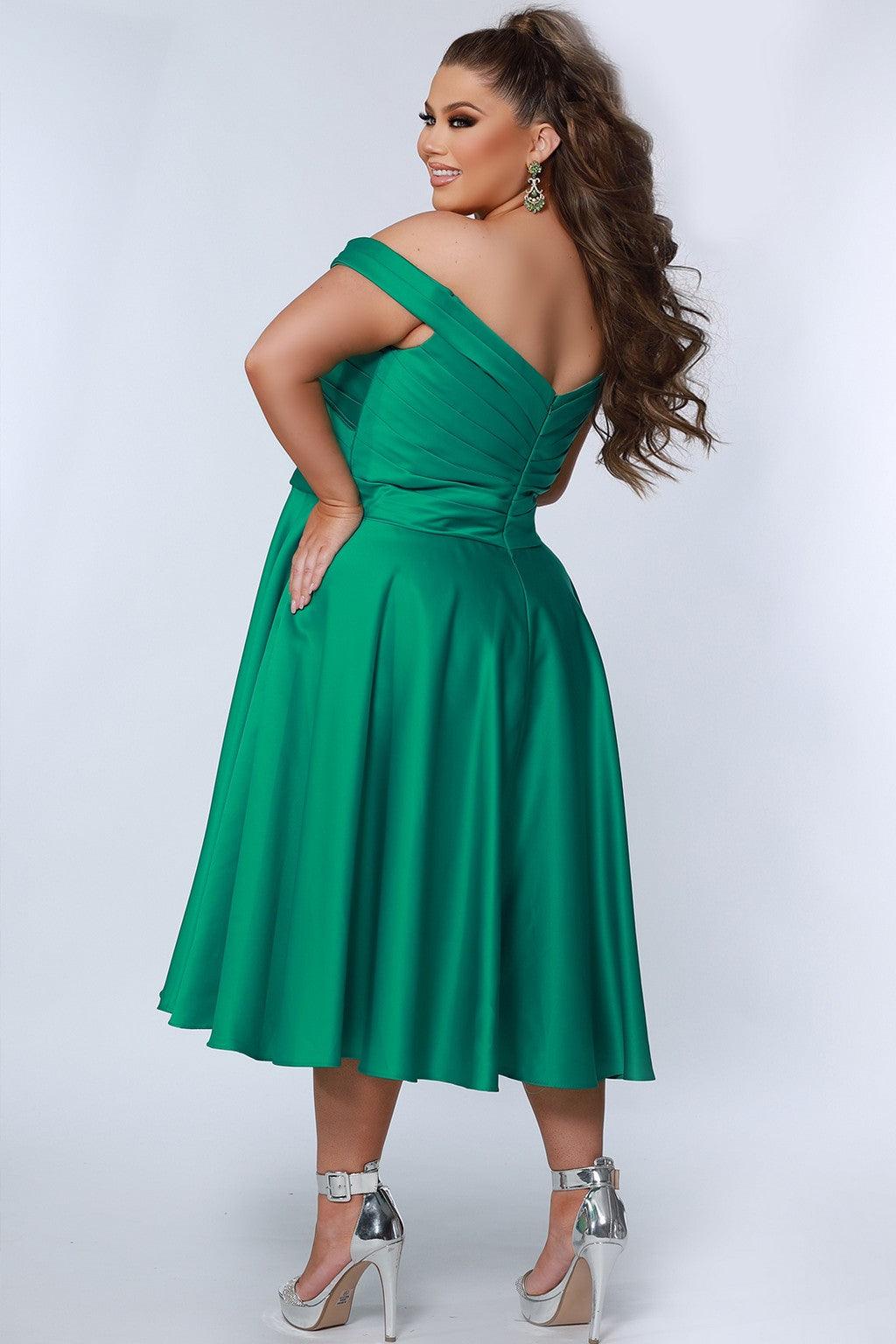 Sydneys Closet CE2301 Plus Size Off Shoulder Tea Length Dress