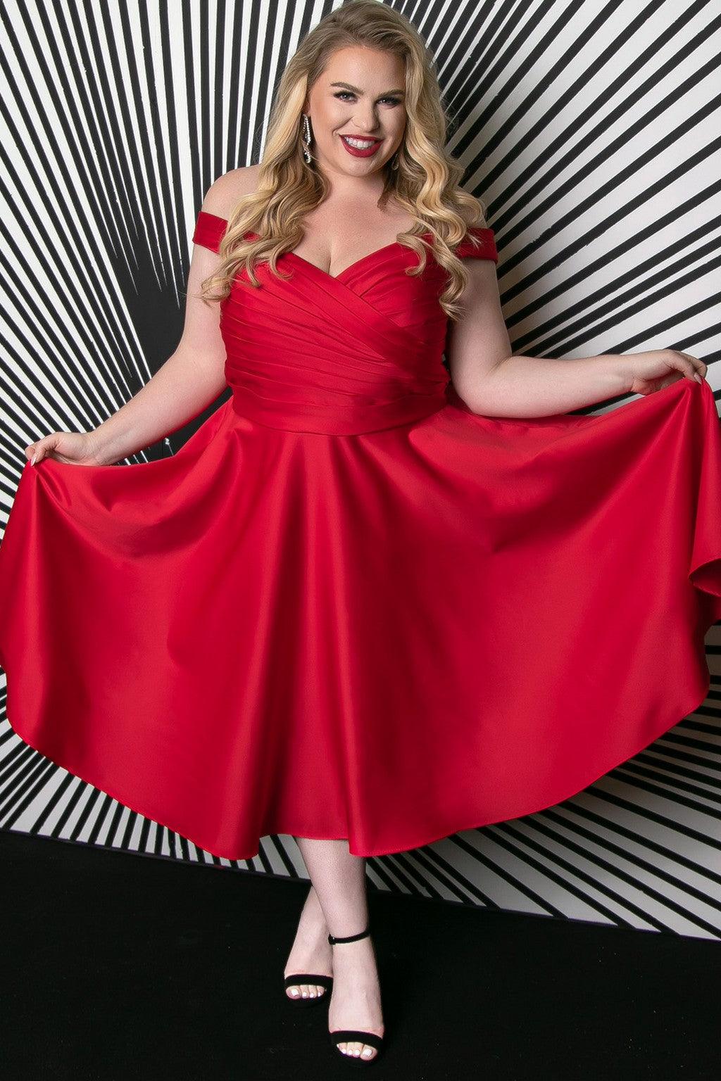 Sydneys Closet CE2301 Plus Size Off Shoulder Tea Length Dress