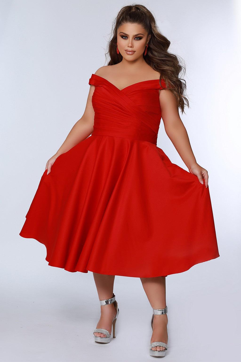 Sydneys Closet CE2301 Plus Size Off Shoulder Tea Length Dress