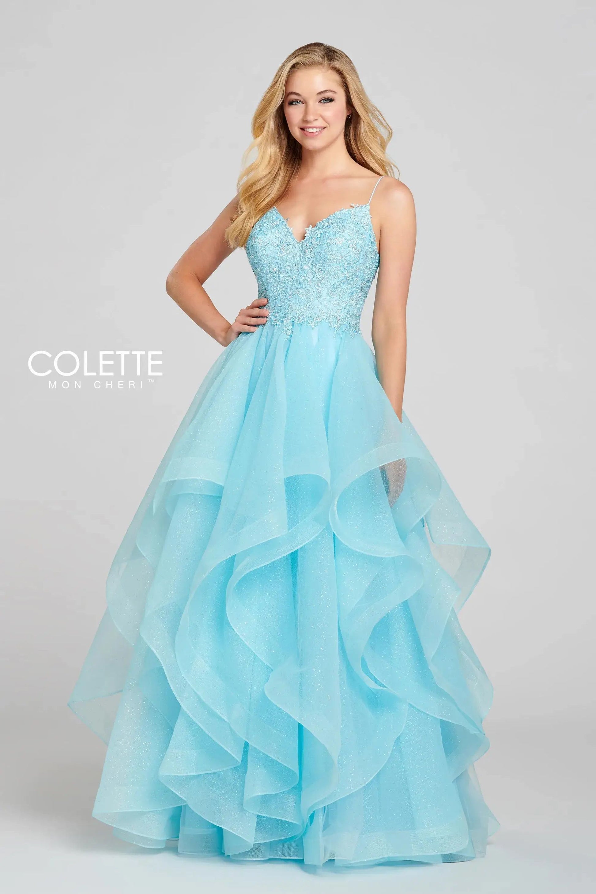 Colette CL12129 Glitter Formal Long Prom Applique Dress
