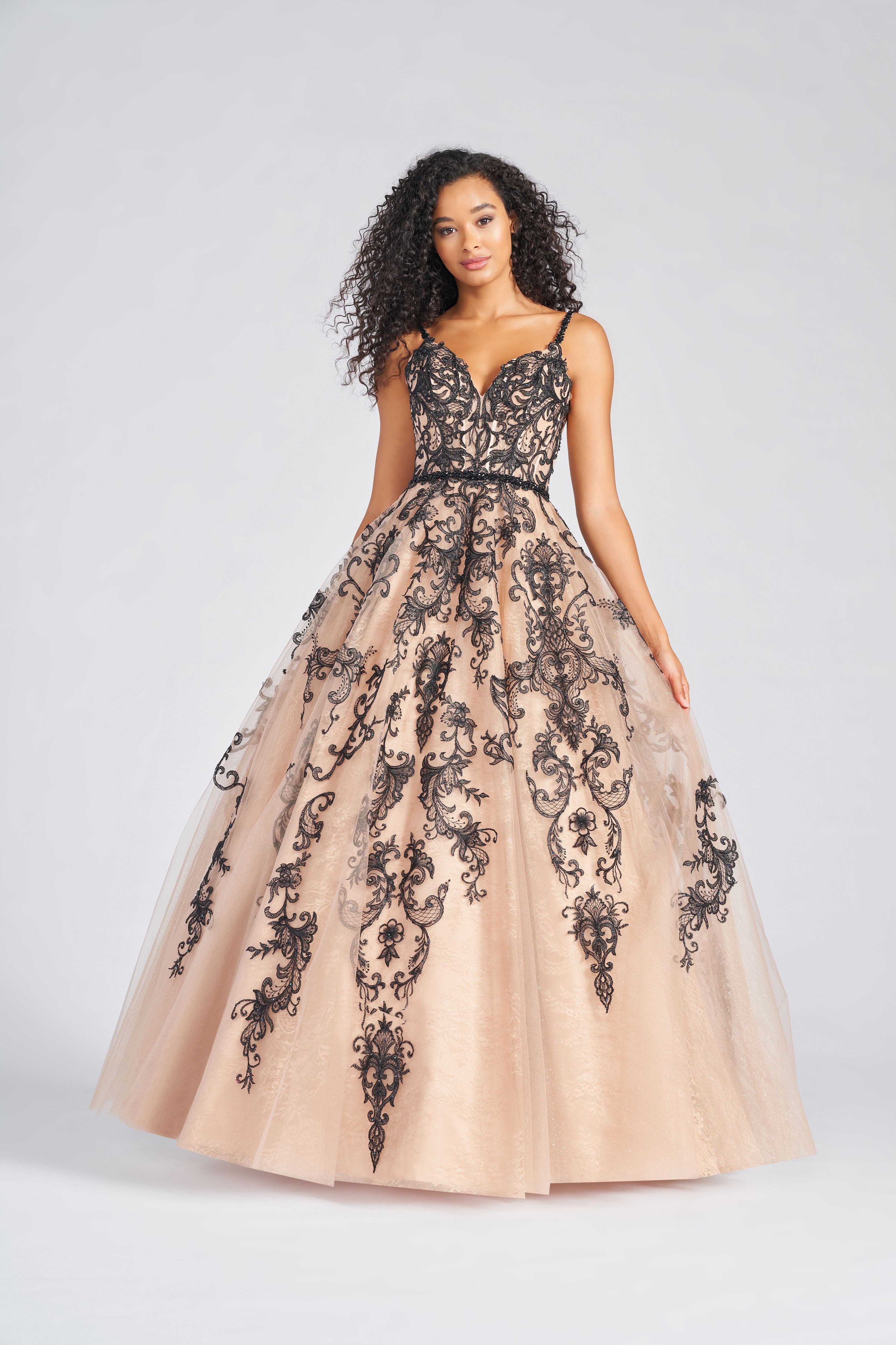 Prom Dresses Glitter Formal Prom Applique Long Ball Gown Black/Champagne