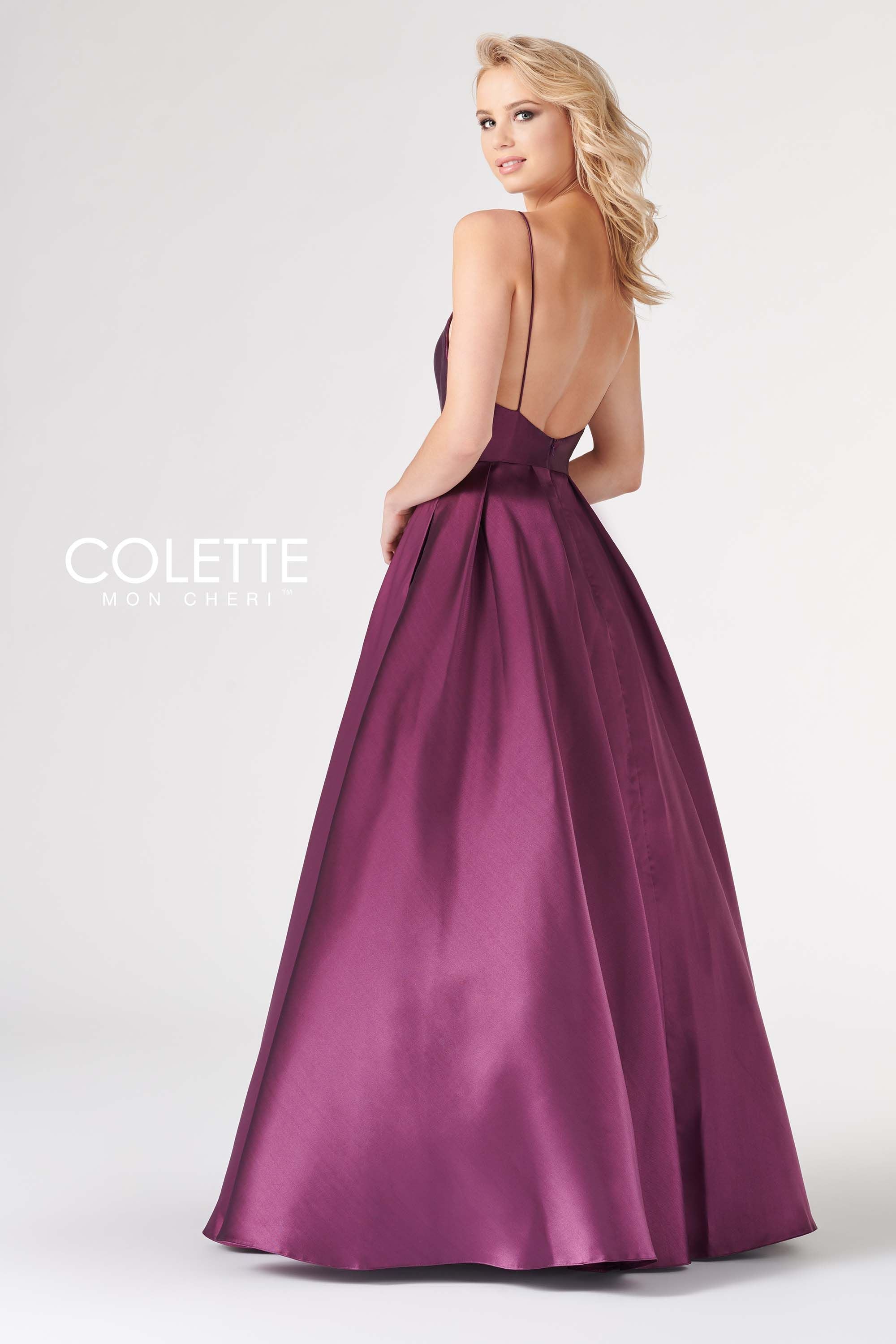 open lace back dress Colette CL19827 Long Pleated Formal Prom Pockets Ball Gown