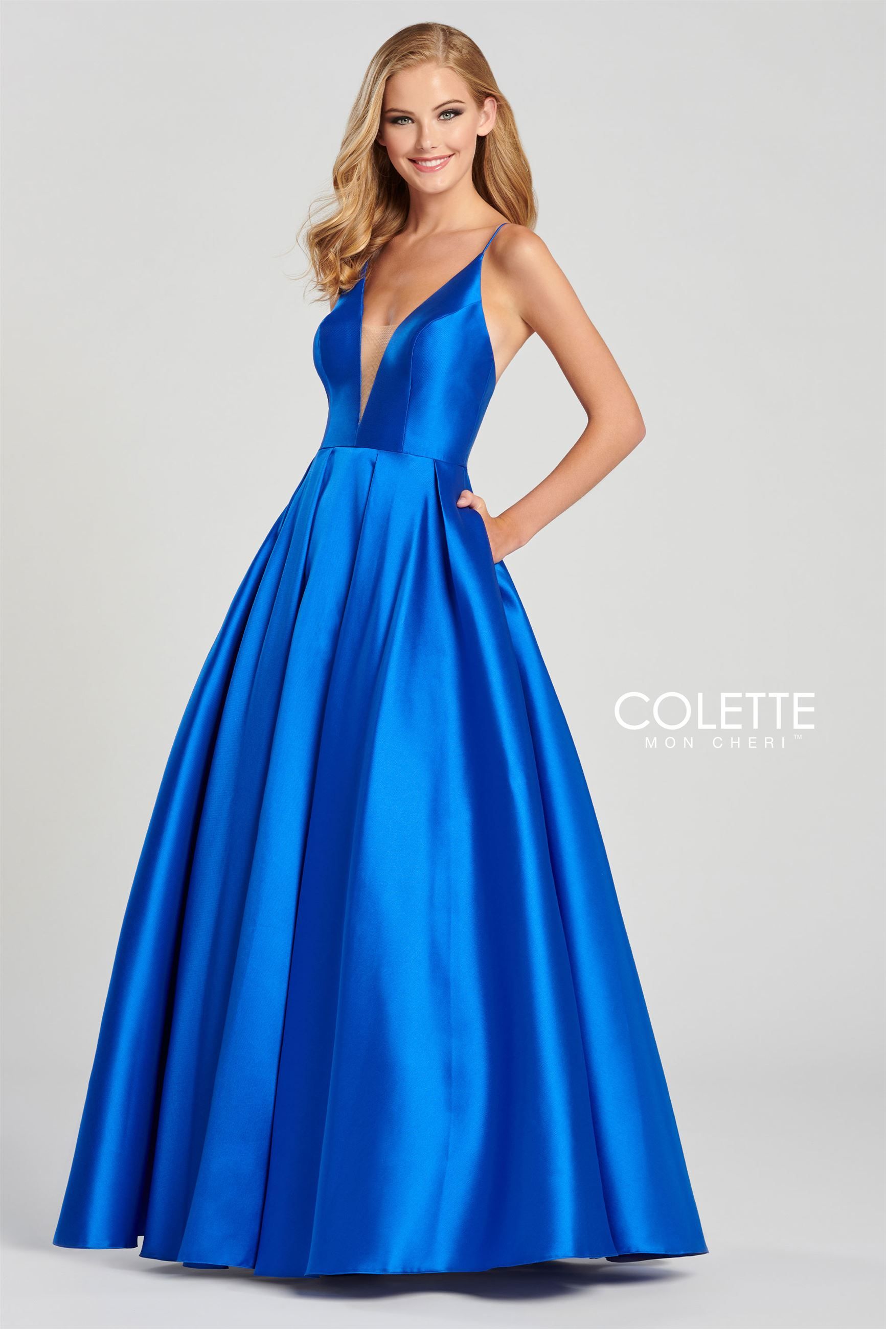 Colette CL19827 Long Pleated Formal Prom Pockets Ball Gown