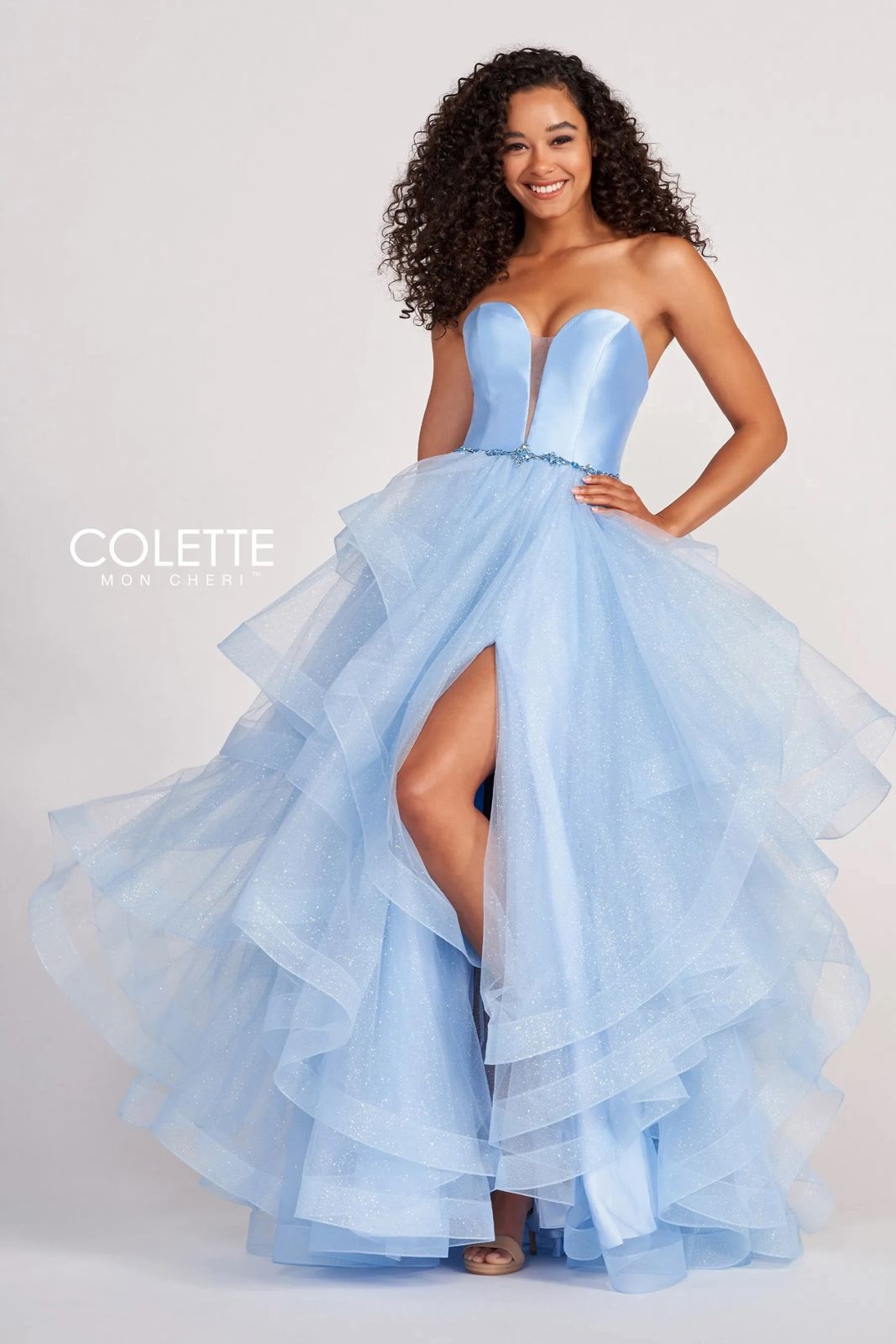 Prom Dresses Glitter Flounce Formal Prom Long Ball Gown Light Blue