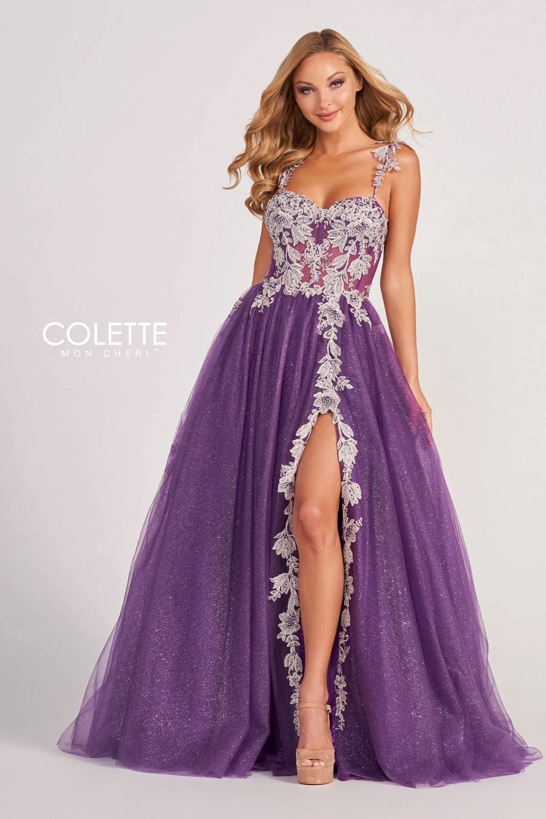 Turquoise/Silver Colette CL2020 Glitter Prom Applique Long Formal Ball ...