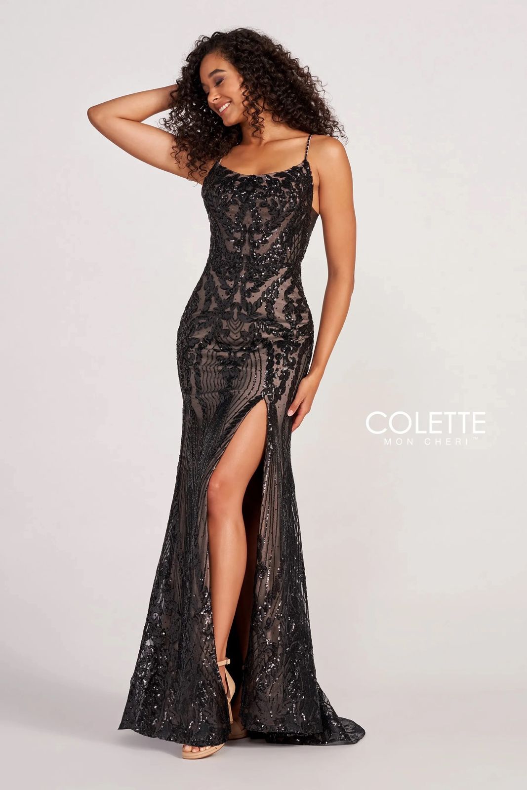 prom dresses nude and black LaDivine CC2309 Long Formal Beaded Fitted Prom Dress The Dress Outlet