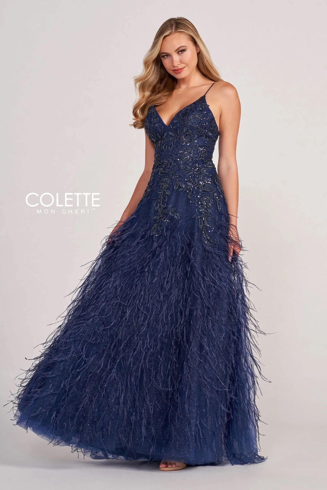 Navy Blue Colette CL2044 Prom Feather Formal Glitter Long Dress for ...