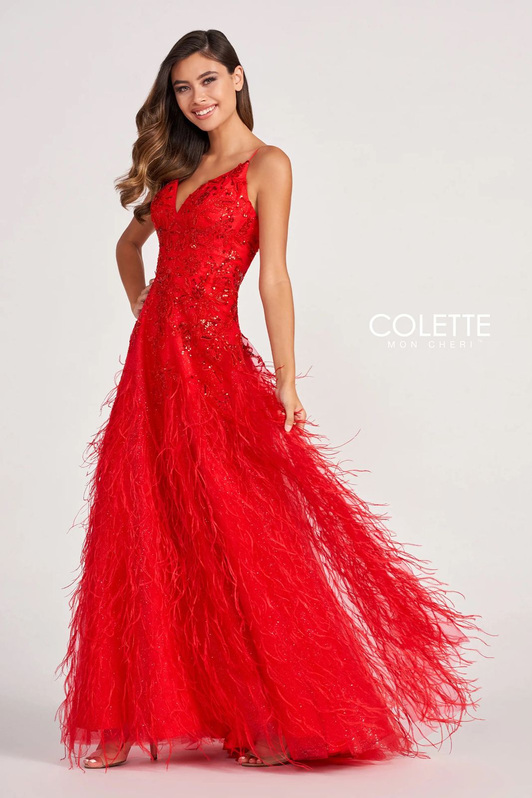 Colette CL2044 Prom Feather Formal Glitter Long Dress