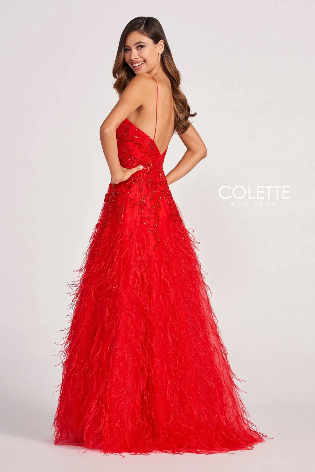 Plunging Neck Red Feather Long Formal Dress with Slit