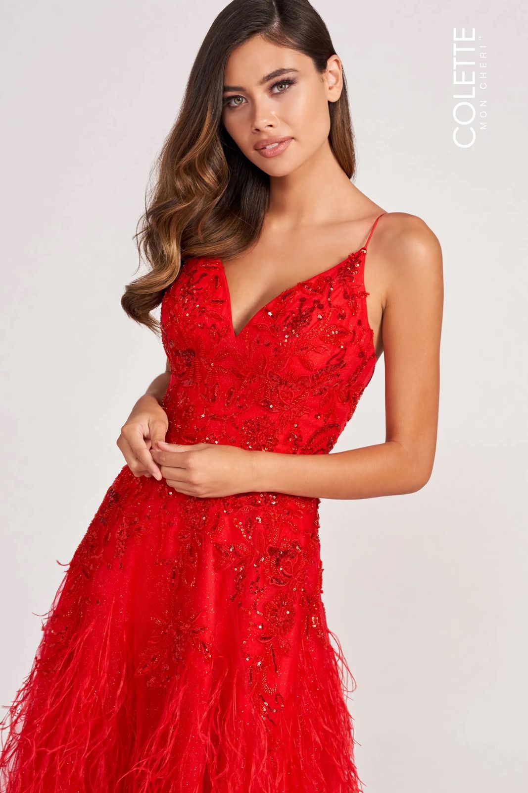 Colette CL2044 Prom Feather Formal Glitter Long Dress