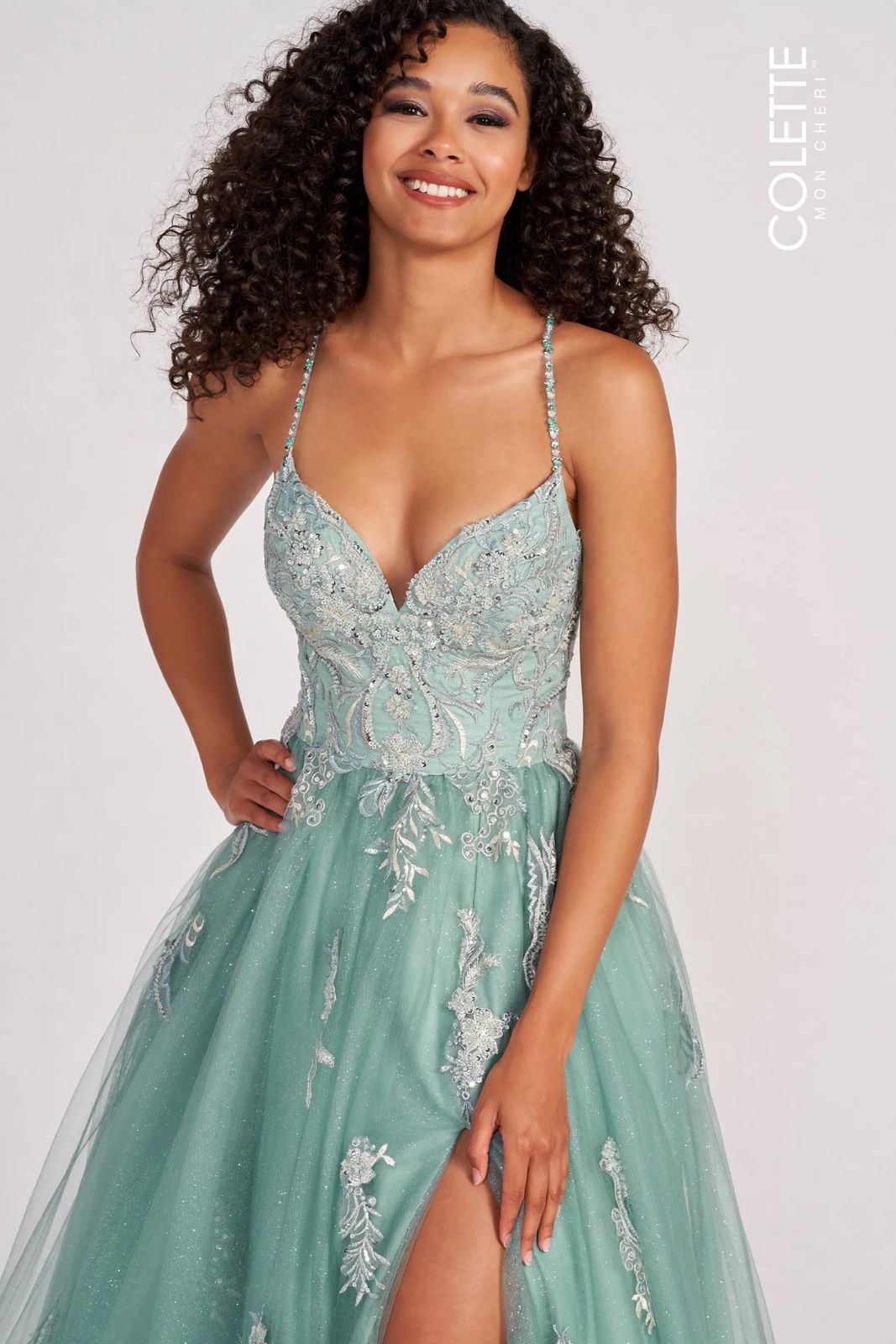 Prom Dresses Glitter Long Formal Applique Prom Dress Sage