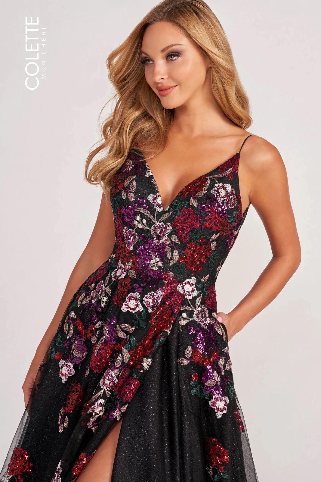 Prom Dresses Long Formal Floral Beaded Applique Prom Dress Black/Multi