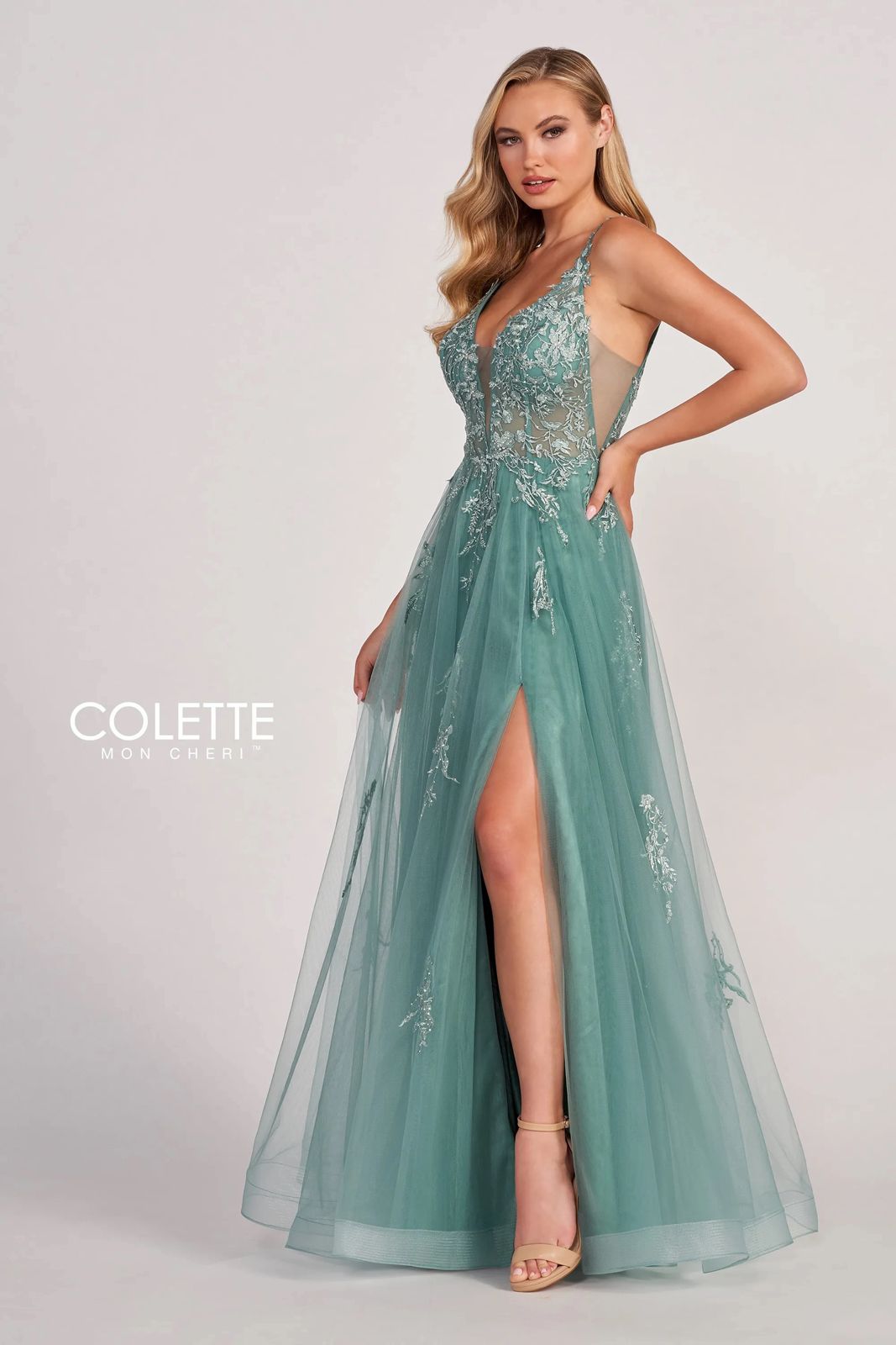 Lace Appliqued And Beaded Long Dresses Sage