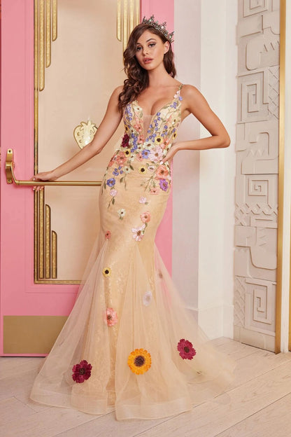 Prom Dresses Floral Applique Formal Mermaid Prom Long Dress Champagne/Multi