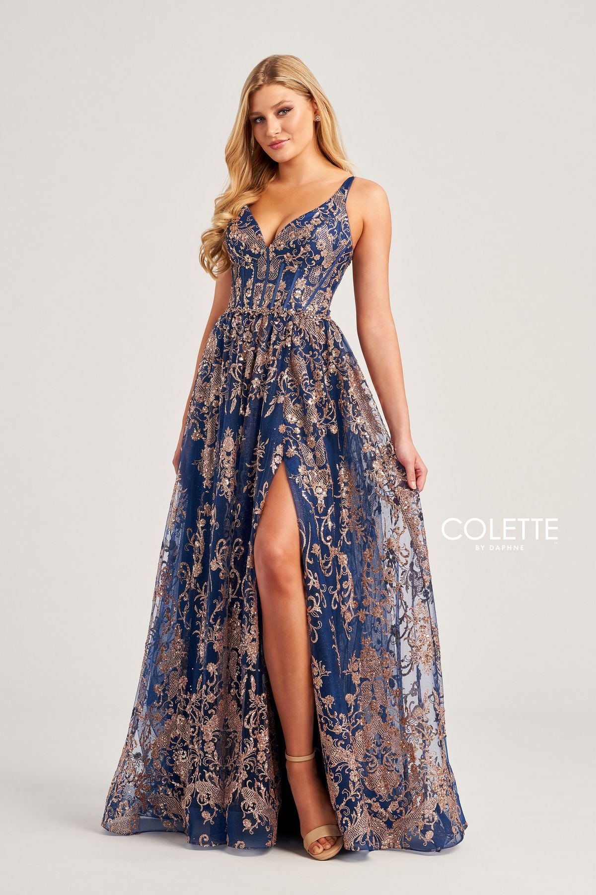 Navy Blue/Gold Colette CL5134 Glitter Long Formal Prom Dress for $569
