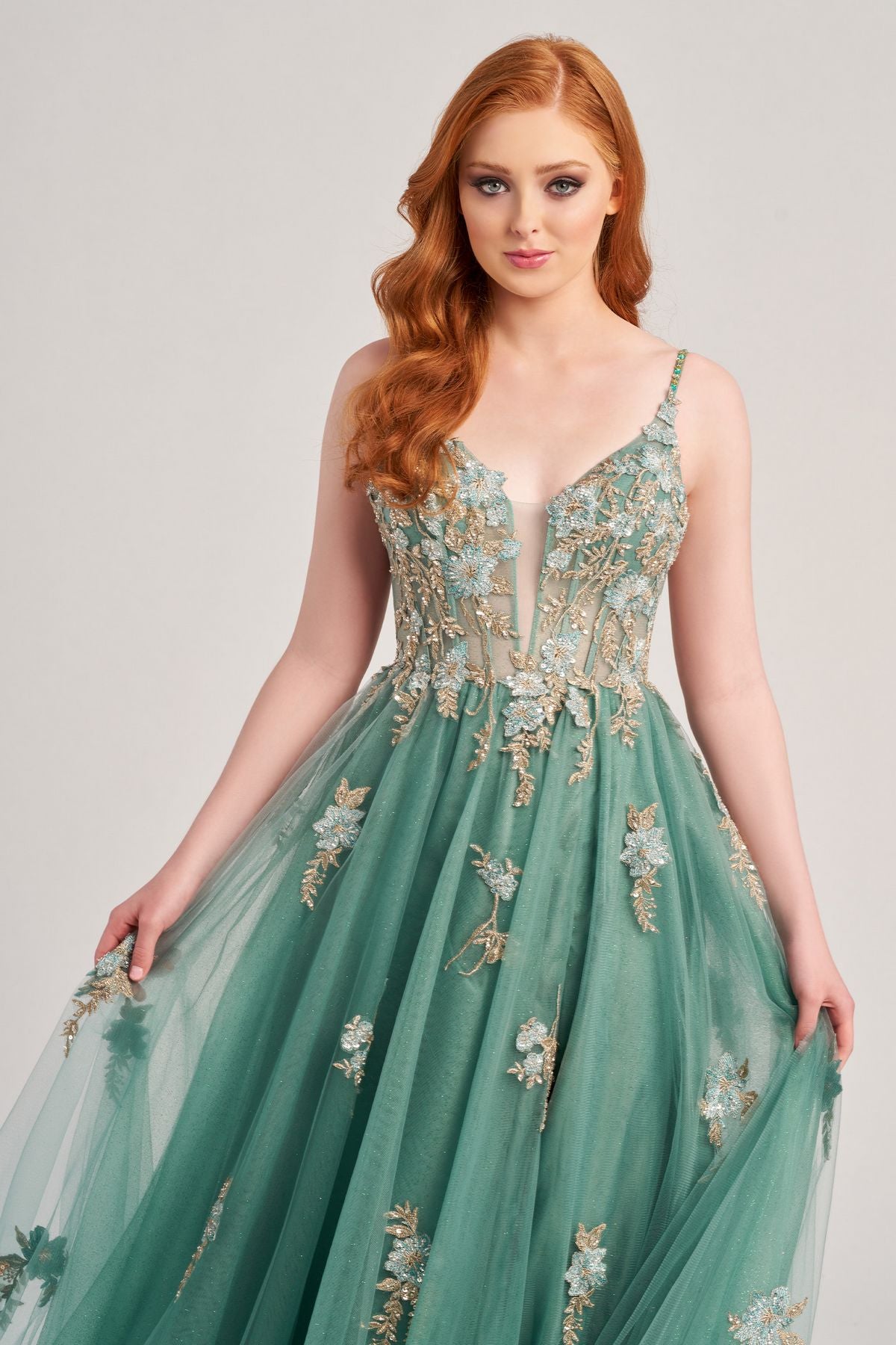 Colette CL5143 Floral Applique Long Formal Glitter Prom Dress