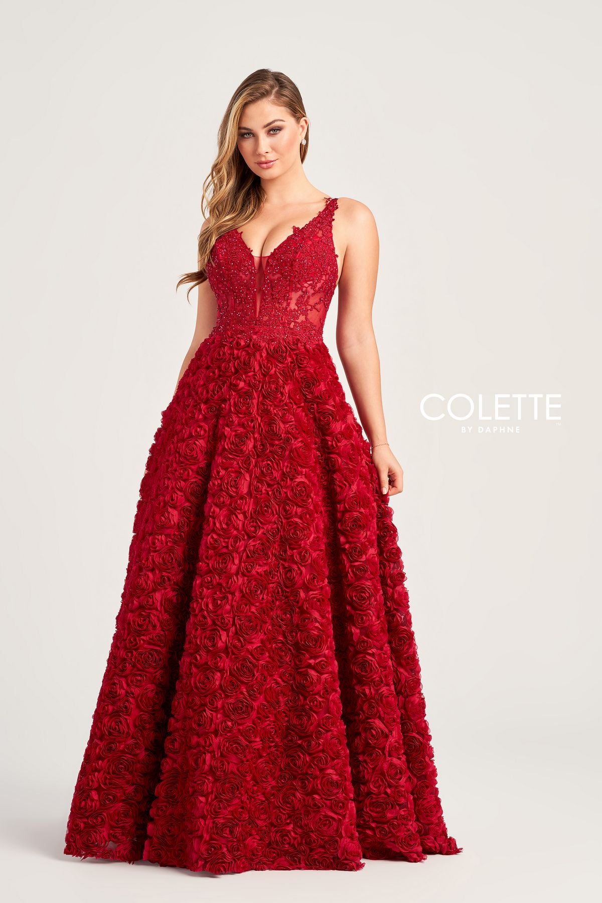 Colette CL5251 Applique Long Formal Prom Rosette Ball Gown - Cranberry / 0 Colette CL5251 Applique Long Formal Prom Rosette Ball Gown - Cranberry / 0