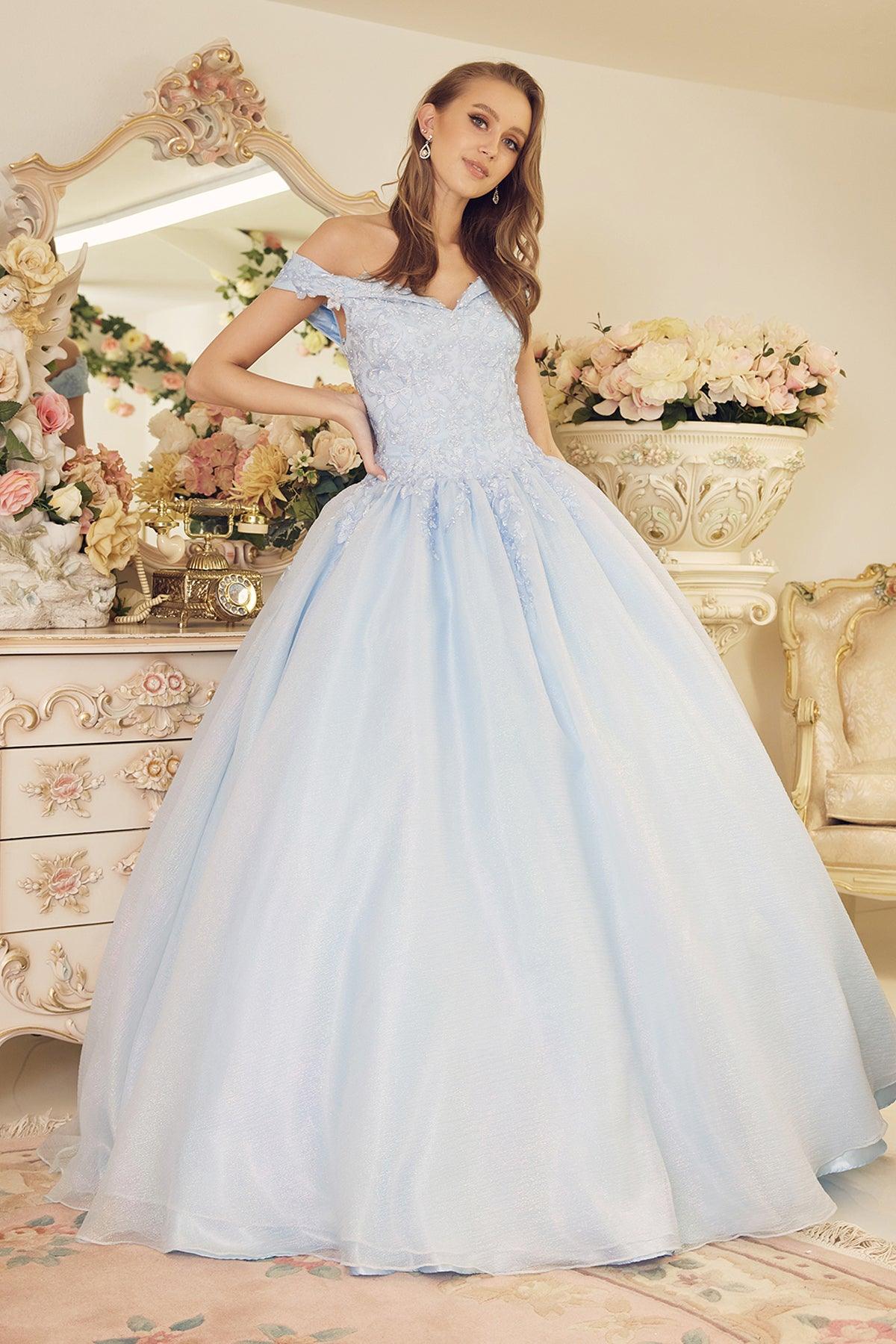 Nox Anabel CU1193 Long Off Shoulder Quinceanera Dress Ball Gown Blue