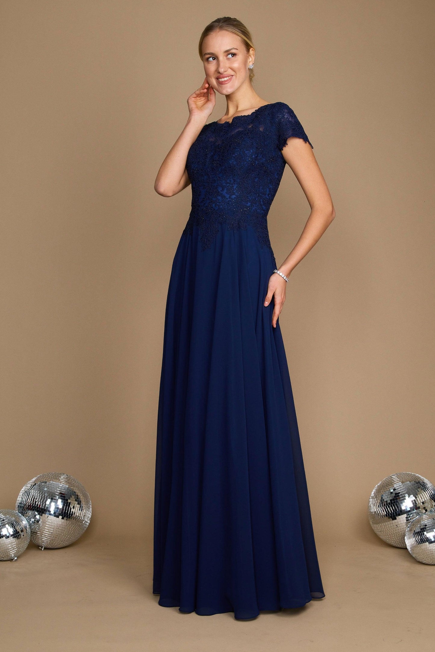 Dylan & Davids Short Sleeve Formal Evening Dress Navy