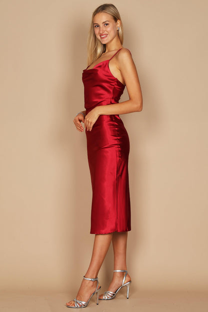 Dylan & Davids Cowl Neck Satin Midi Formal Cocktail Dress Burgundy