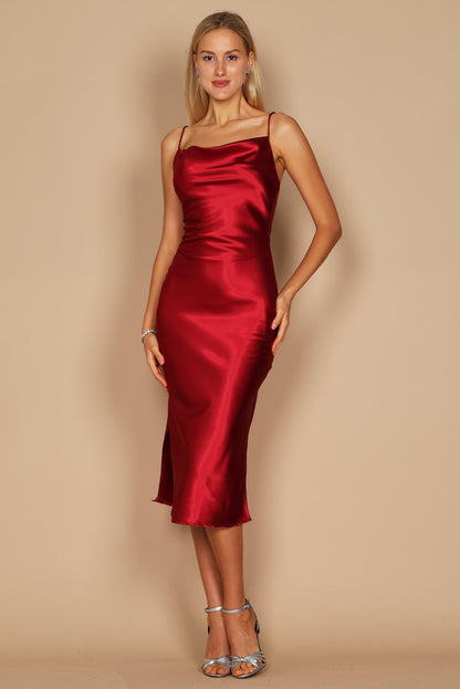 Dylan & Davids Cowl Neck Satin Midi Formal Cocktail Dress Burgundy