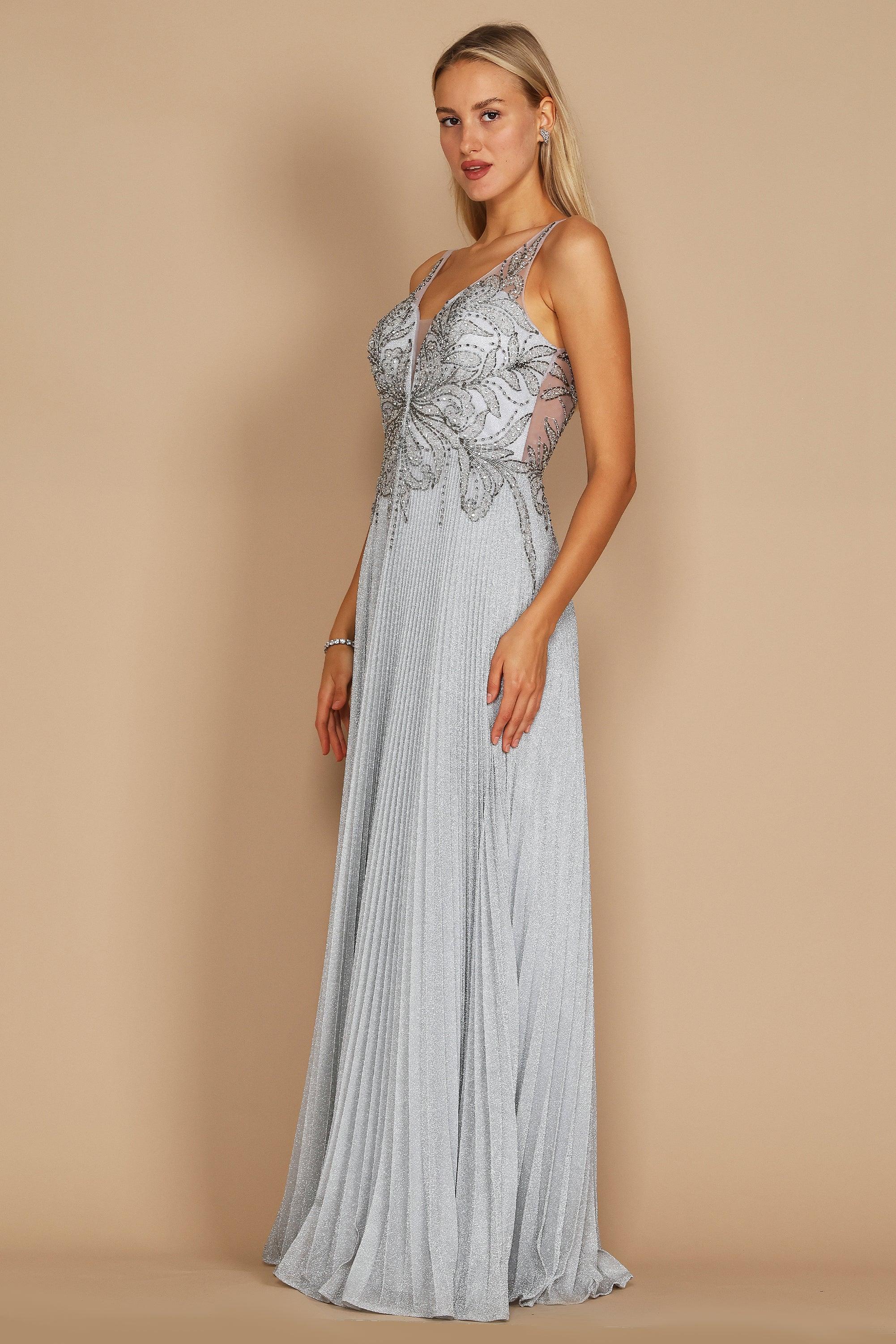 Prom Dresses Long Formal Pleaded Evening Dress Silver