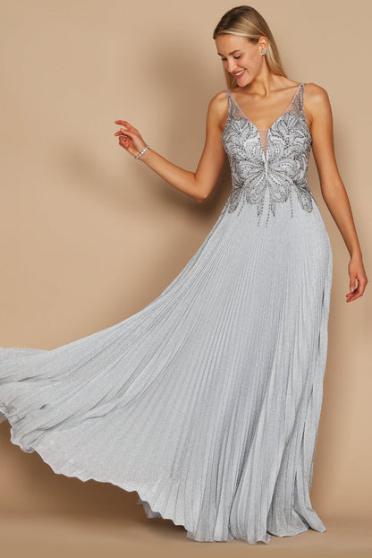 Prom Dresses Long Formal Pleaded Evening Dress Silver