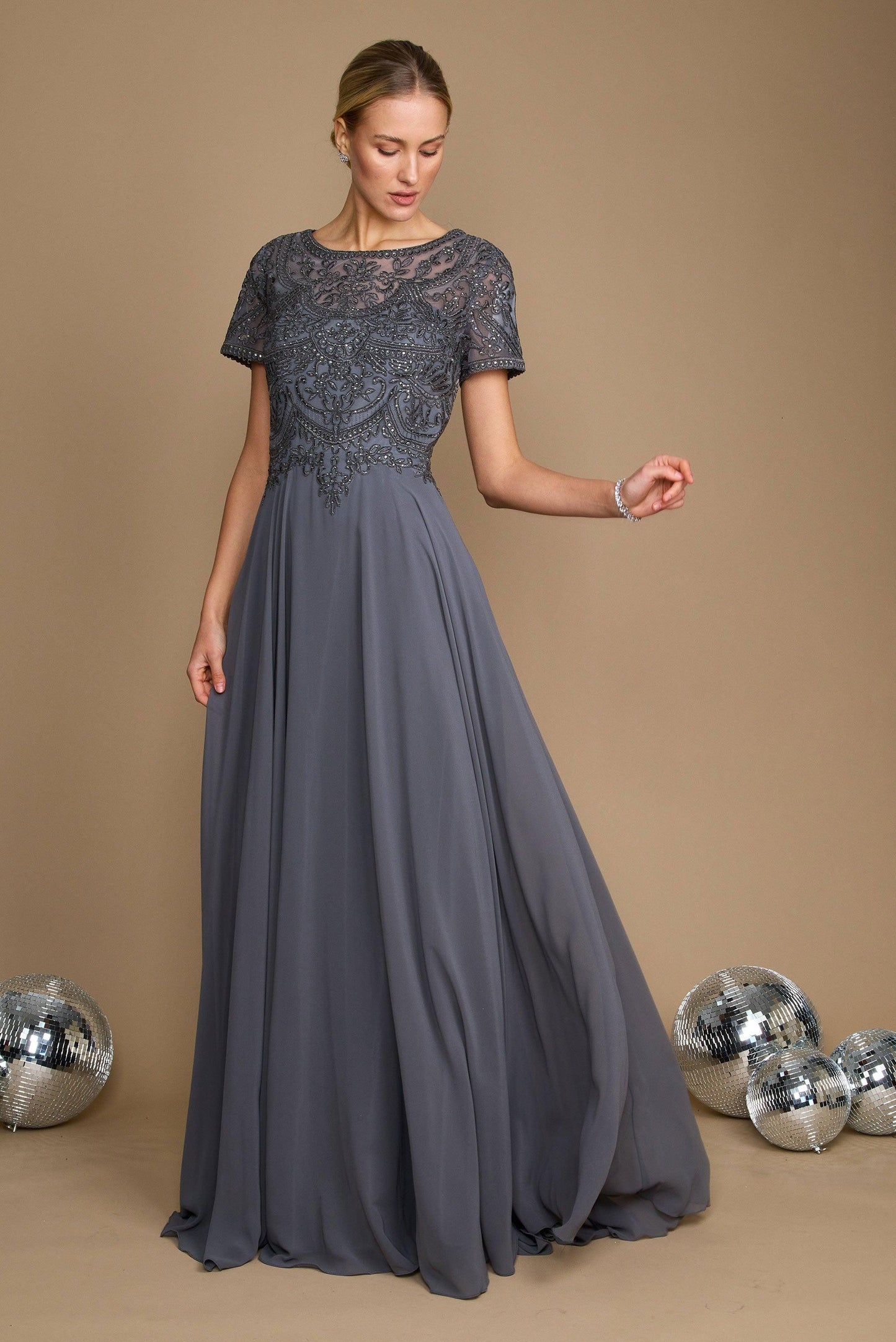Dylan & Davids Short Sleeve Formal Mother of the Bride Dress Charcoal